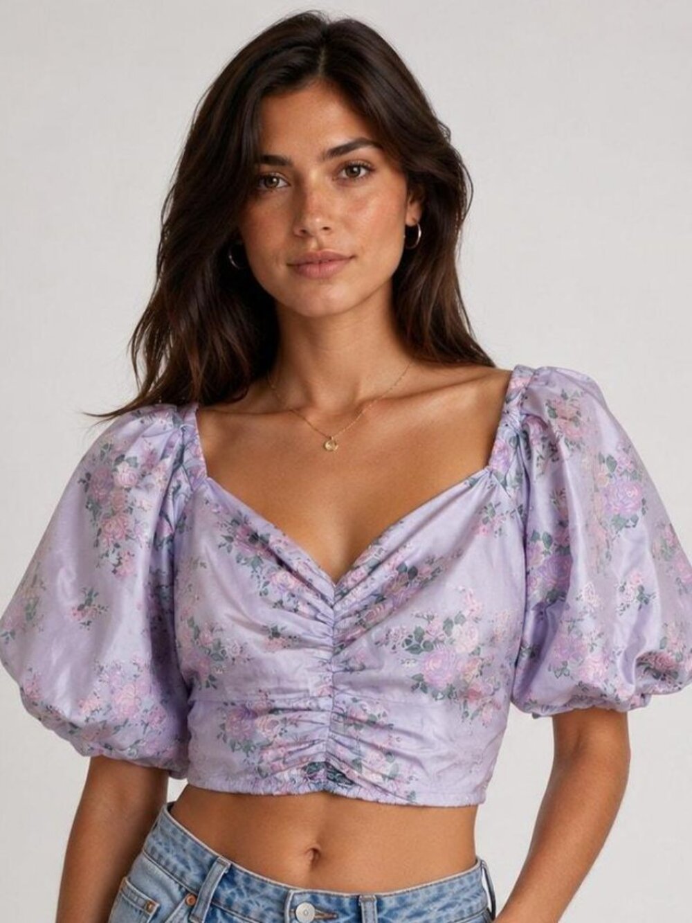NWT - Express Lavender Floral Puff Sleeve Crop Top - Size Large